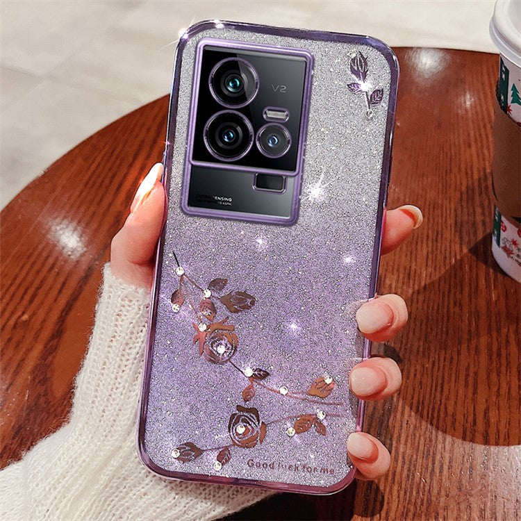 KADEM Phone TPU Case for vivo iQOO 11 5G , Gradient Glitter Flower Rhinestone Decor Phone Cover - Purple