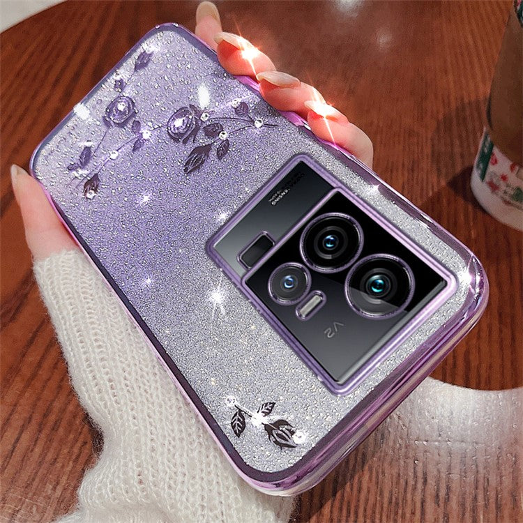 KADEM Phone TPU Case for vivo iQOO 11 5G , Gradient Glitter Flower Rhinestone Decor Phone Cover - Purple