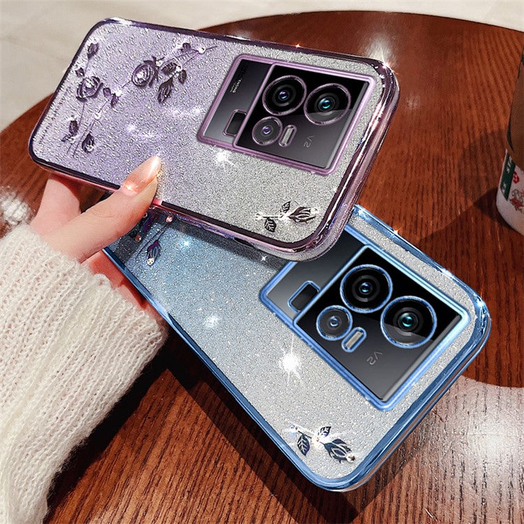 KADEM Phone TPU Case for vivo iQOO 11 5G , Gradient Glitter Flower Rhinestone Decor Phone Cover - Purple