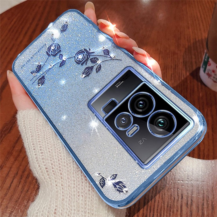 KADEM Phone TPU Case for vivo iQOO 11 5G , Gradient Glitter Flower Rhinestone Decor Phone Cover - Blue