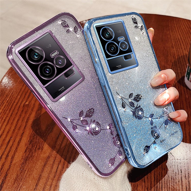 KADEM Phone TPU Case for vivo iQOO 11 5G , Gradient Glitter Flower Rhinestone Decor Phone Cover - Blue