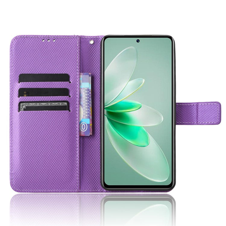 For vivo V27e 5G / S16e 5G Protective Phone Case Diamond Texture Wallet Stand Phone Leather Cover - Purple