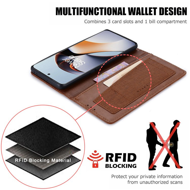 MUXMA MX109 RFID Blocking Phone Case for OnePlus 11R 5G / Ace 2 5G , PU Leather Magnetic Wallet Cover Stand - Brown