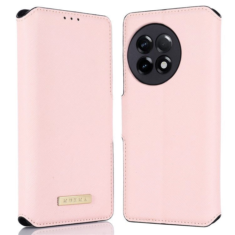 MUXMA MX115 Cross Texture Phone Case for OnePlus 11R 5G / Ace 2 5G , PU Leather Stand Wallet Flip Cover - Pink