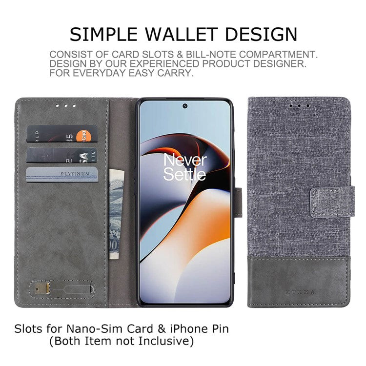 MUXMA MX102 for OnePlus Ace 2 5G / 11R 5G Wallet Stand Cover Canvas PU Leather Splicing Phone Case - Grey