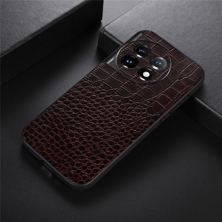 For OnePlus Ace 2 5G / 11R 5G Phone Cover, Genuine Cowhide Leather Coated PC+TPU Crocodile Texture Case - Coffee