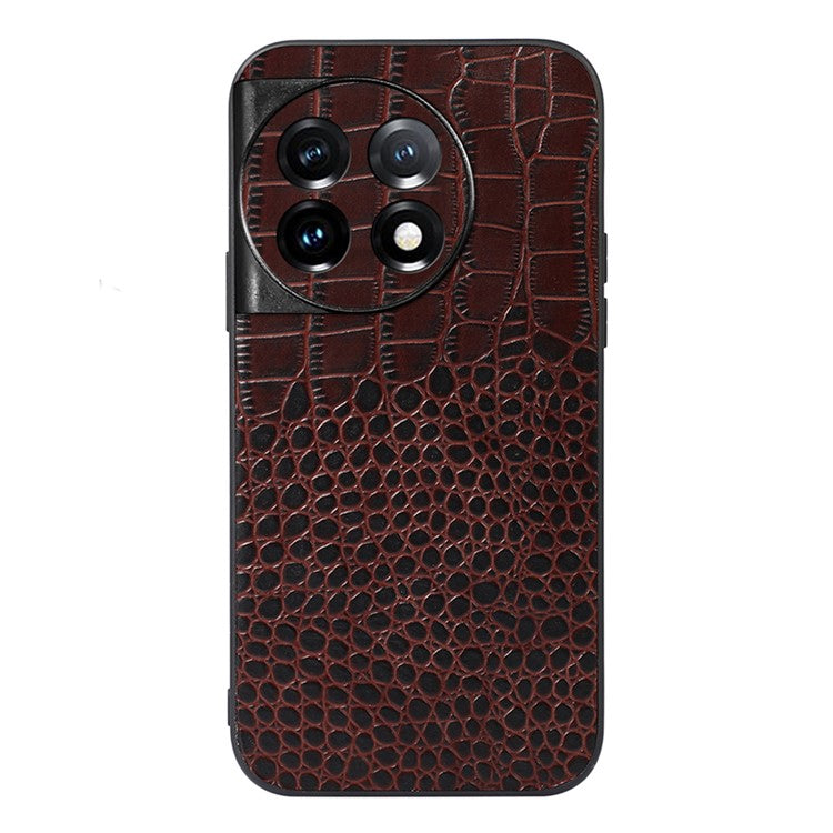 For OnePlus 11 5G Crocodile Texture Phone Case Genuine Cowhide Leather Coated PC+TPU Anti-Scratch Shell - Coffee