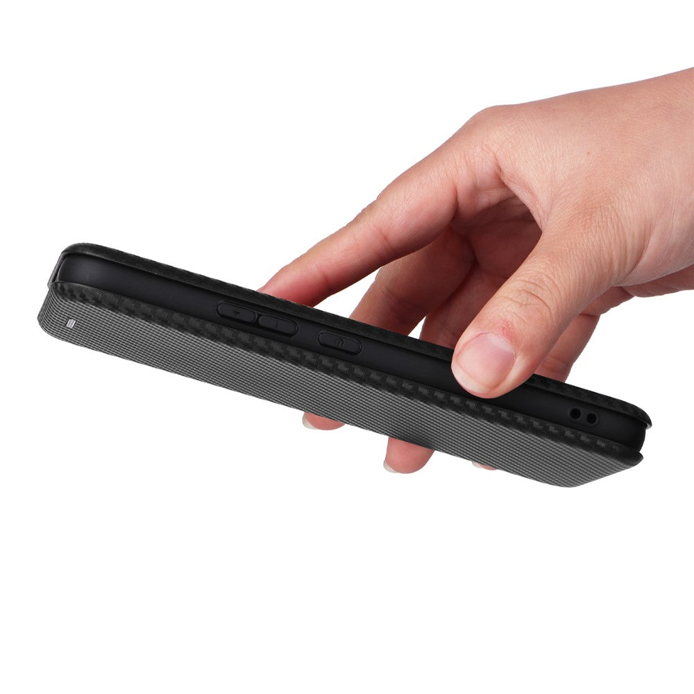 For Samsung Galaxy M14 5G Leather Anti-drop Cover Carbon Fiber Texture Phone Stand Case with Card Holder - Black