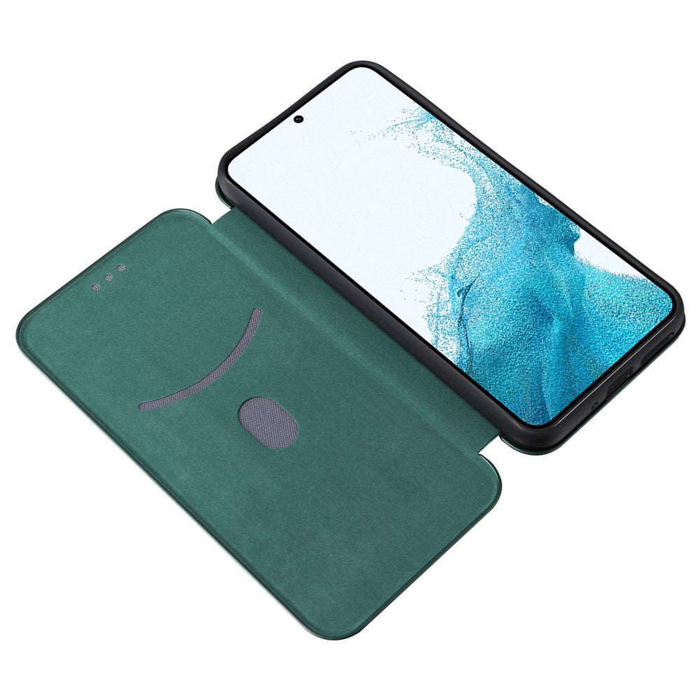 For Samsung Galaxy M14 5G Leather Anti-drop Cover Carbon Fiber Texture Phone Stand Case with Card Holder - Green
