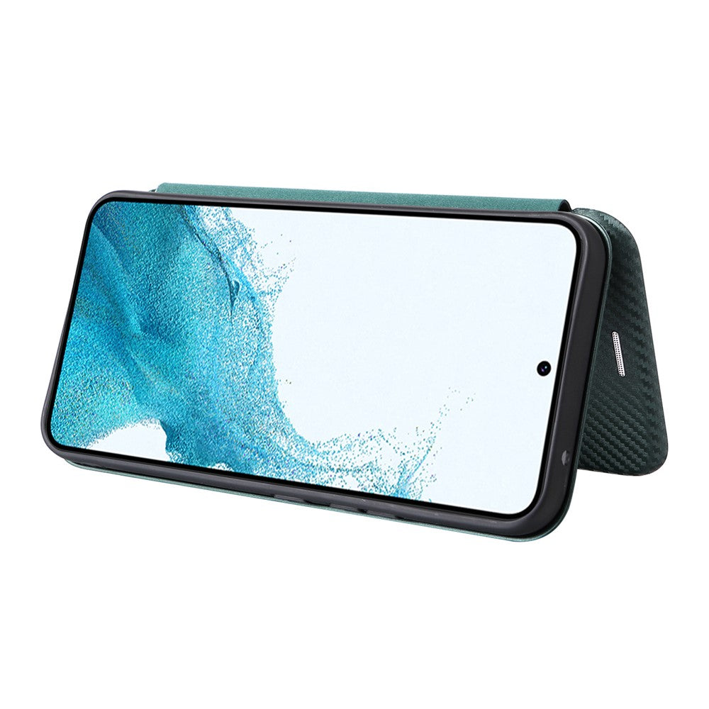 For Samsung Galaxy M14 5G Leather Anti-drop Cover Carbon Fiber Texture Phone Stand Case with Card Holder - Green