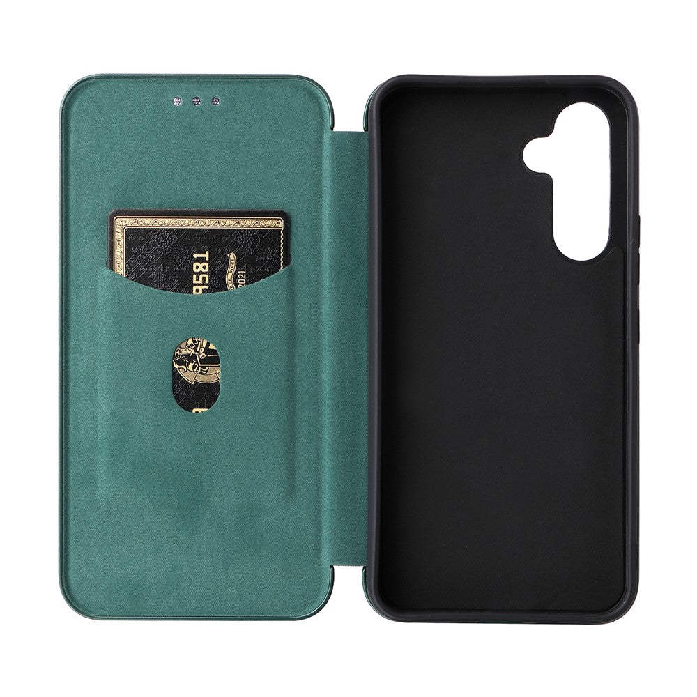 For Samsung Galaxy M14 5G Leather Anti-drop Cover Carbon Fiber Texture Phone Stand Case with Card Holder - Green