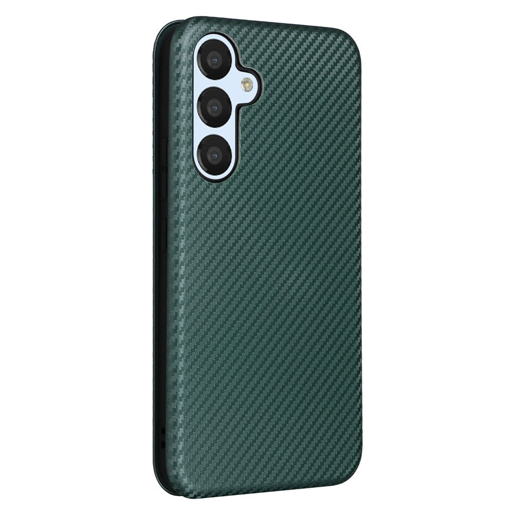 For Samsung Galaxy M14 5G Leather Anti-drop Cover Carbon Fiber Texture Phone Stand Case with Card Holder - Green