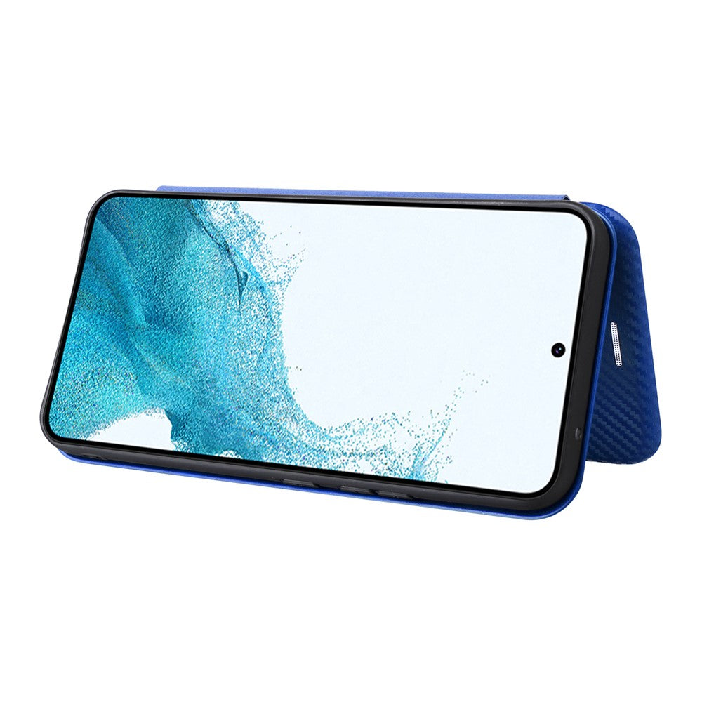For Samsung Galaxy M14 5G Leather Anti-drop Cover Carbon Fiber Texture Phone Stand Case with Card Holder - Blue
