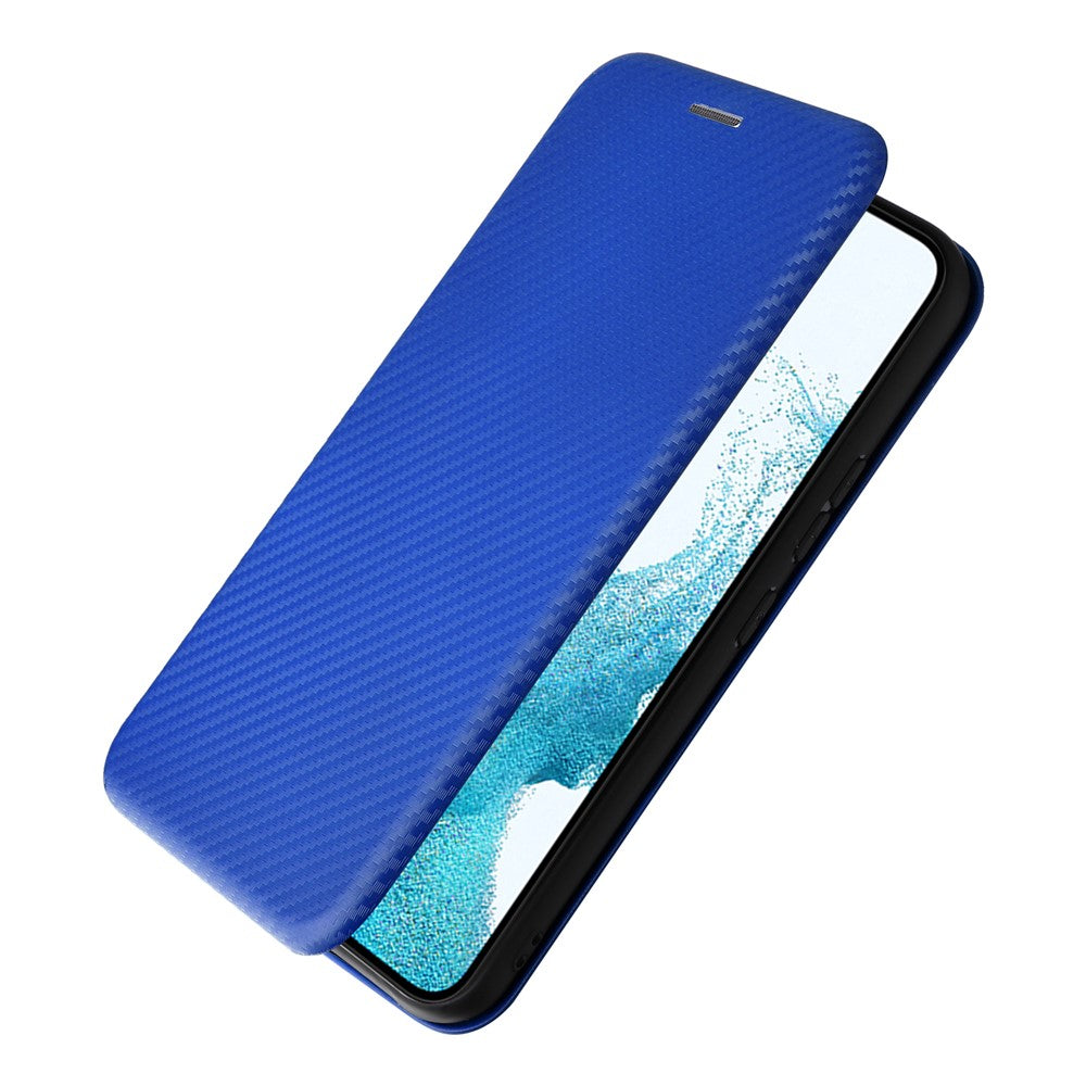 For Samsung Galaxy M14 5G Leather Anti-drop Cover Carbon Fiber Texture Phone Stand Case with Card Holder - Blue