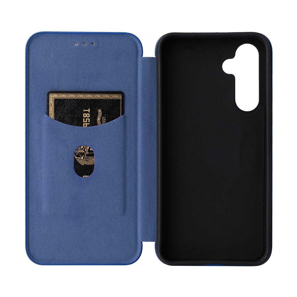 For Samsung Galaxy M14 5G Leather Anti-drop Cover Carbon Fiber Texture Phone Stand Case with Card Holder - Blue