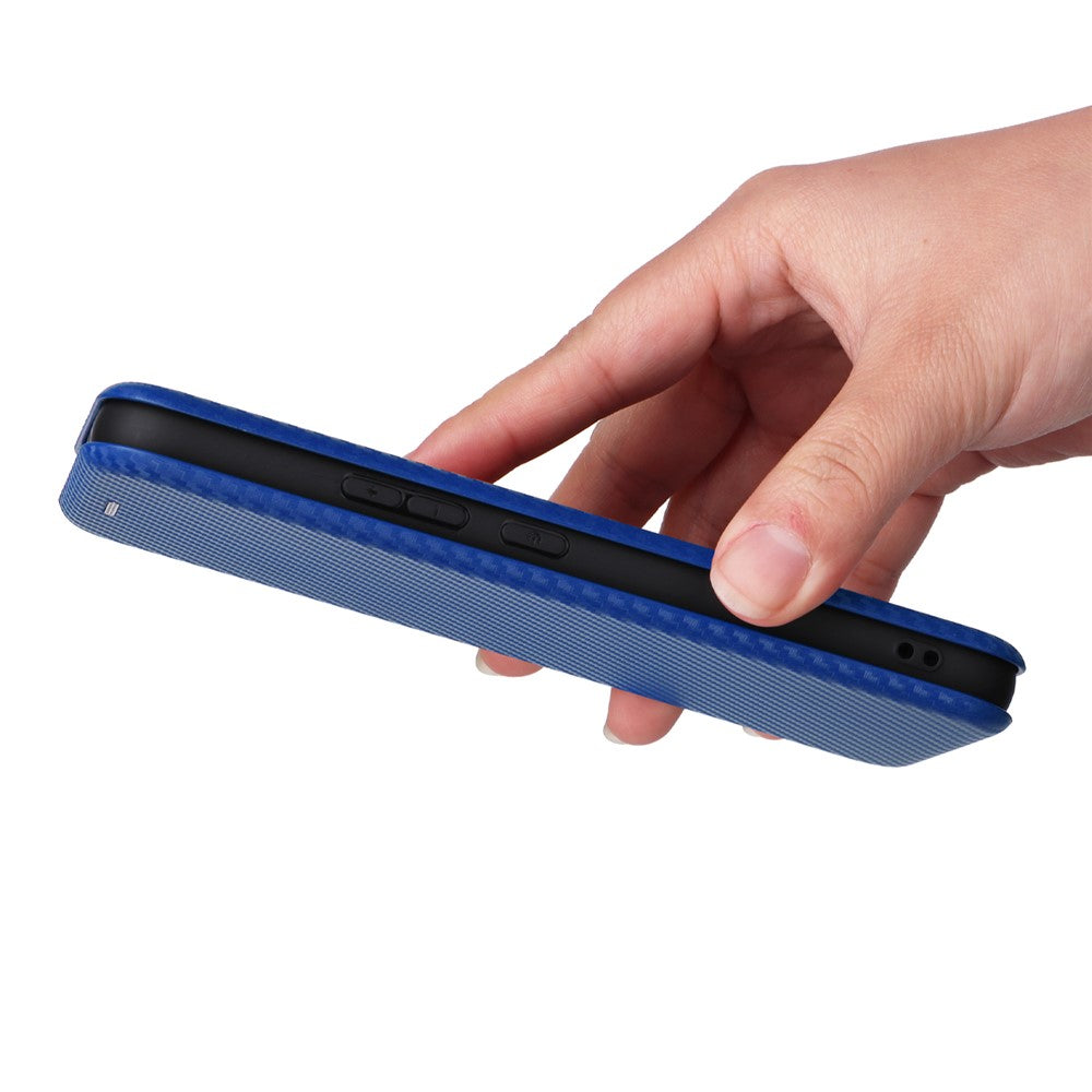 For Samsung Galaxy M14 5G Leather Anti-drop Cover Carbon Fiber Texture Phone Stand Case with Card Holder - Blue