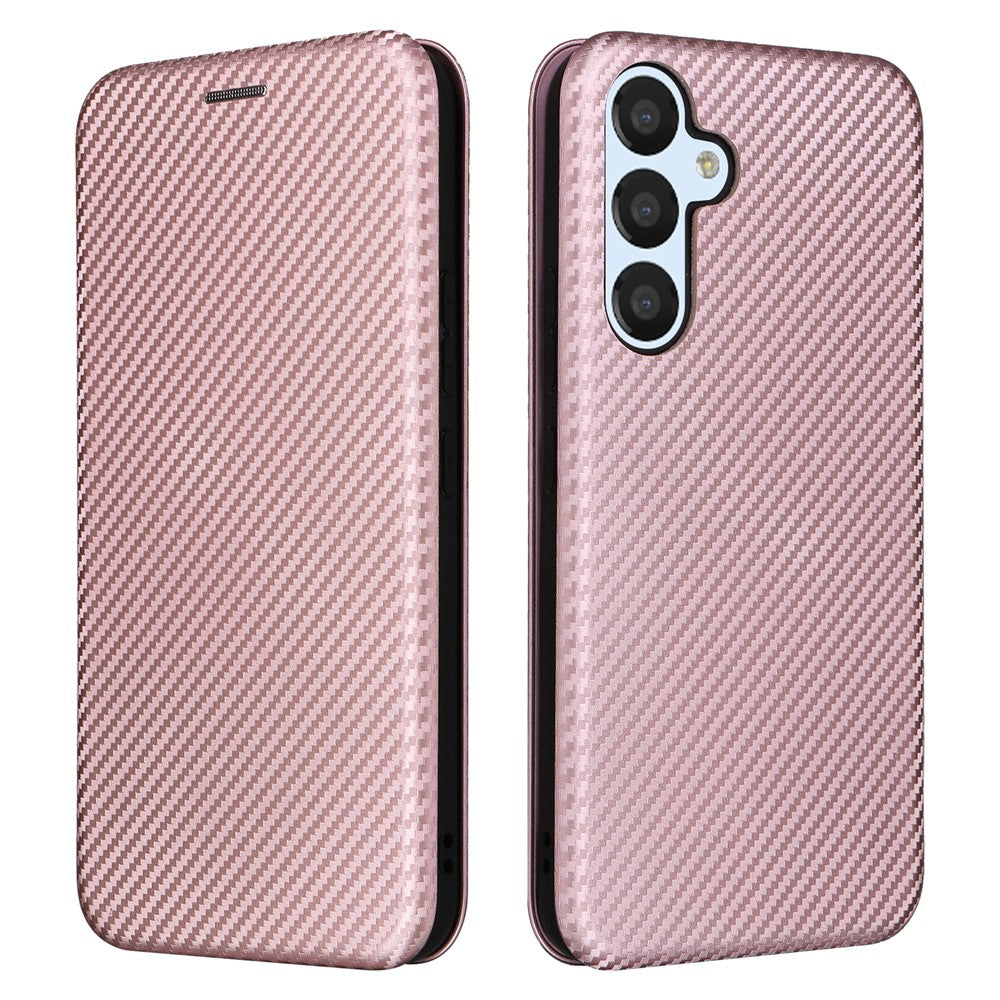 For Samsung Galaxy M14 5G Leather Anti-drop Cover Carbon Fiber Texture Phone Stand Case with Card Holder - Rose Gold
