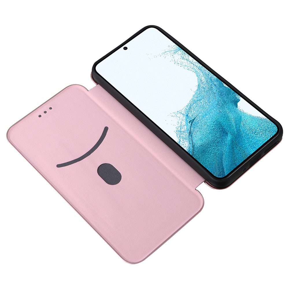 For Samsung Galaxy M14 5G Leather Anti-drop Cover Carbon Fiber Texture Phone Stand Case with Card Holder - Rose Gold