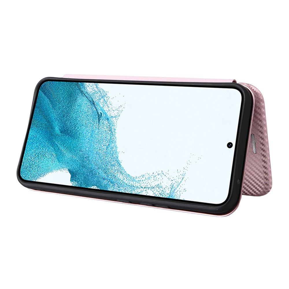 For Samsung Galaxy M14 5G Leather Anti-drop Cover Carbon Fiber Texture Phone Stand Case with Card Holder - Rose Gold