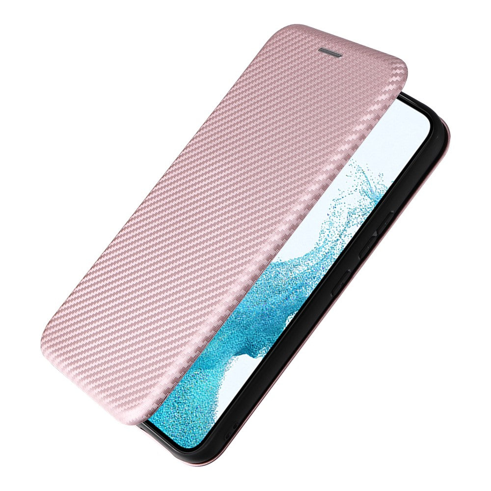 For Samsung Galaxy M14 5G Leather Anti-drop Cover Carbon Fiber Texture Phone Stand Case with Card Holder - Rose Gold