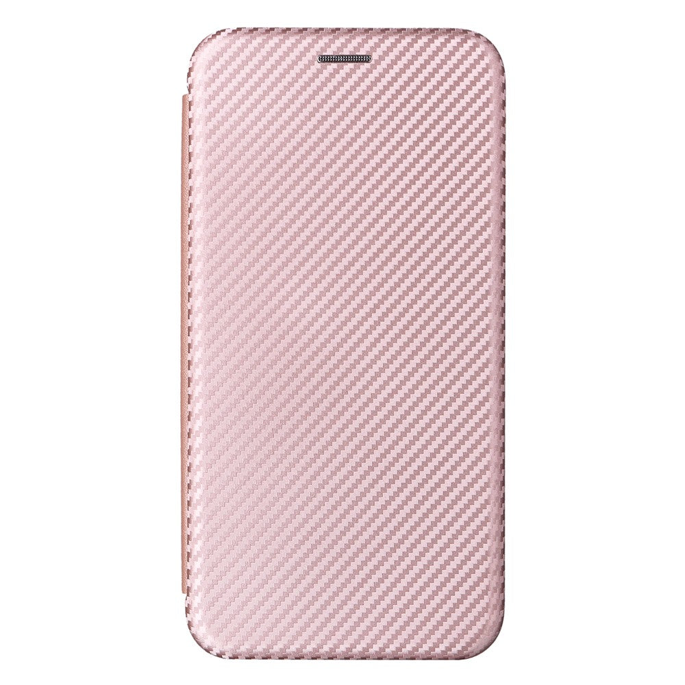 For Samsung Galaxy M14 5G Leather Anti-drop Cover Carbon Fiber Texture Phone Stand Case with Card Holder - Rose Gold