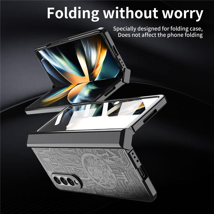 For Samsung Galaxy Z Fold4 5G Mechanical Legend Series Electroplating Phone Case Hard PC Shockproof Cover with Tempered Glass Film - Black