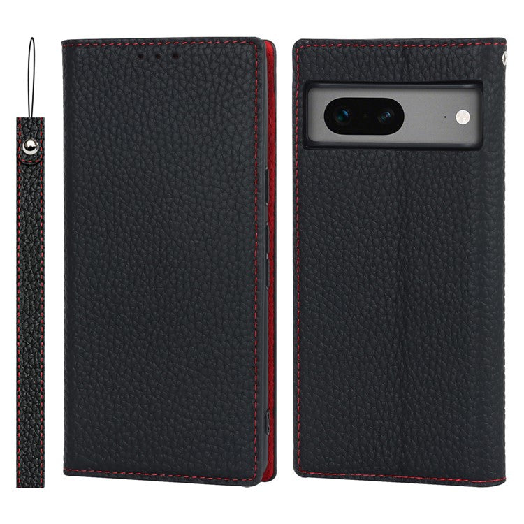 Genuine Leather Phone Case for Google Pixel 7a , Litchi Texture Wallet Stand Smartphone Cover with Strap - Black