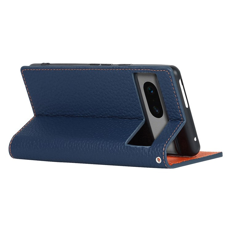 Genuine Leather Phone Case for Google Pixel 7a , Litchi Texture Wallet Stand Smartphone Cover with Strap - Dark Blue