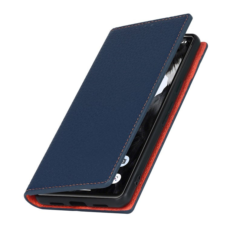 Genuine Leather Phone Case for Google Pixel 7a , Litchi Texture Wallet Stand Smartphone Cover with Strap - Dark Blue