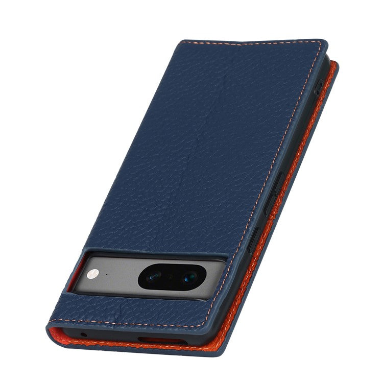Genuine Leather Phone Case for Google Pixel 7a , Litchi Texture Wallet Stand Smartphone Cover with Strap - Dark Blue