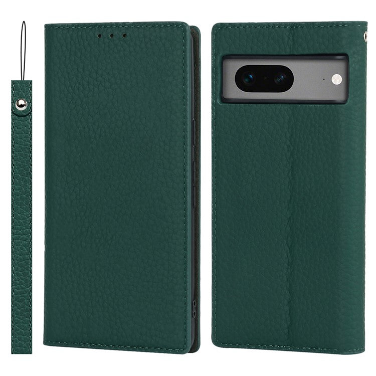 Genuine Leather Phone Case for Google Pixel 7a , Litchi Texture Wallet Stand Smartphone Cover with Strap - Green