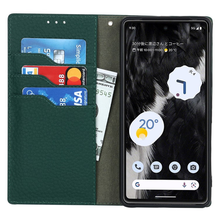 Genuine Leather Phone Case for Google Pixel 7a , Litchi Texture Wallet Stand Smartphone Cover with Strap - Green