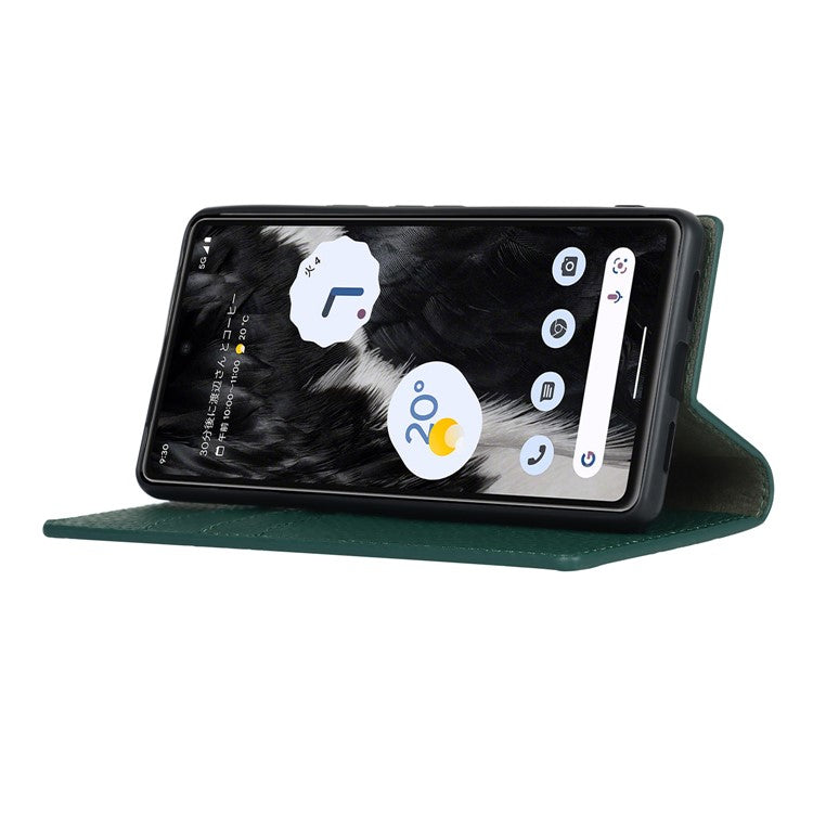 Genuine Leather Phone Case for Google Pixel 7a , Litchi Texture Wallet Stand Smartphone Cover with Strap - Green