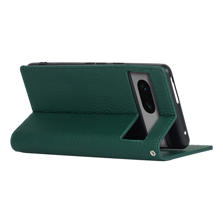 Genuine Leather Phone Case for Google Pixel 7a , Litchi Texture Wallet Stand Smartphone Cover with Strap - Green