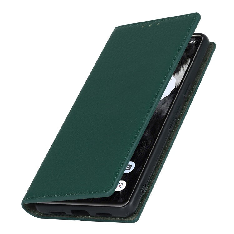 Genuine Leather Phone Case for Google Pixel 7a , Litchi Texture Wallet Stand Smartphone Cover with Strap - Green