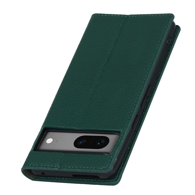Genuine Leather Phone Case for Google Pixel 7a , Litchi Texture Wallet Stand Smartphone Cover with Strap - Green