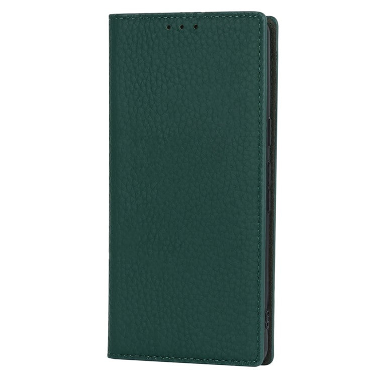 Genuine Leather Phone Case for Google Pixel 7a , Litchi Texture Wallet Stand Smartphone Cover with Strap - Green