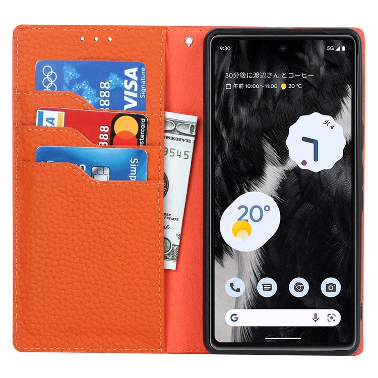 Genuine Leather Phone Case for Google Pixel 7a , Litchi Texture Wallet Stand Smartphone Cover with Strap - Orange