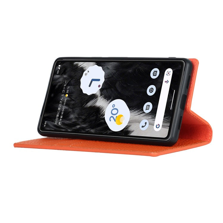 Genuine Leather Phone Case for Google Pixel 7a , Litchi Texture Wallet Stand Smartphone Cover with Strap - Orange