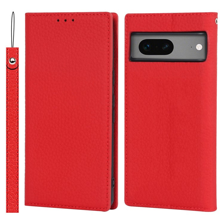 Genuine Leather Phone Case for Google Pixel 7a , Litchi Texture Wallet Stand Smartphone Cover with Strap - Red