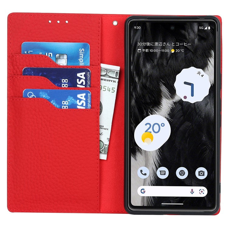 Genuine Leather Phone Case for Google Pixel 7a , Litchi Texture Wallet Stand Smartphone Cover with Strap - Red