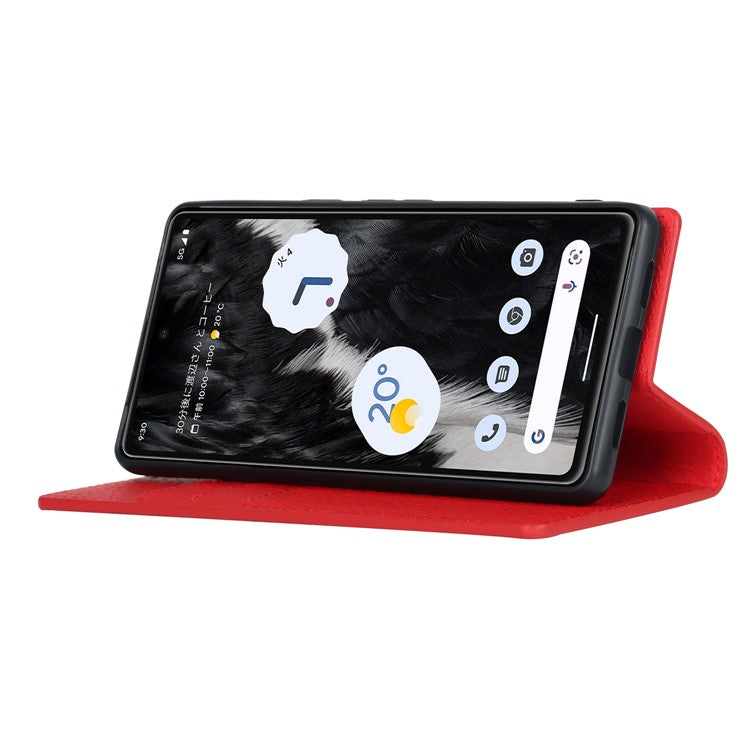 Genuine Leather Phone Case for Google Pixel 7a , Litchi Texture Wallet Stand Smartphone Cover with Strap - Red
