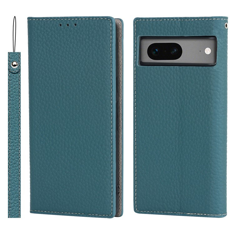 Genuine Leather Phone Case for Google Pixel 7a , Litchi Texture Wallet Stand Smartphone Cover with Strap - Baby Blue
