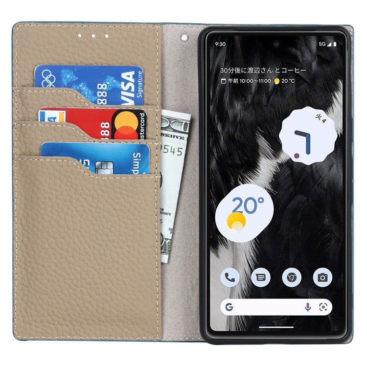 Genuine Leather Phone Case for Google Pixel 7a , Litchi Texture Wallet Stand Smartphone Cover with Strap - Baby Blue