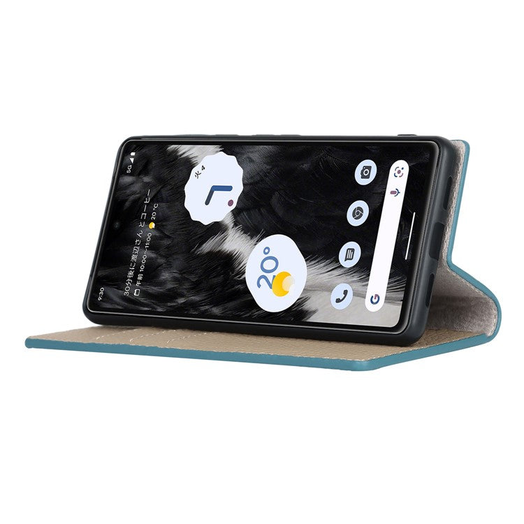 Genuine Leather Phone Case for Google Pixel 7a , Litchi Texture Wallet Stand Smartphone Cover with Strap - Baby Blue