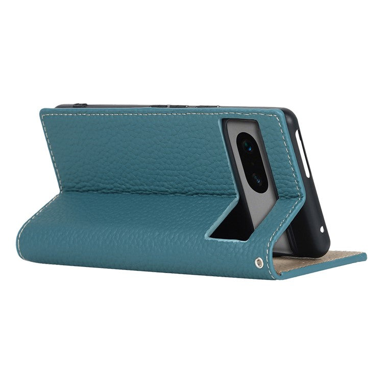Genuine Leather Phone Case for Google Pixel 7a , Litchi Texture Wallet Stand Smartphone Cover with Strap - Baby Blue