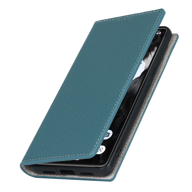 Genuine Leather Phone Case for Google Pixel 7a , Litchi Texture Wallet Stand Smartphone Cover with Strap - Baby Blue