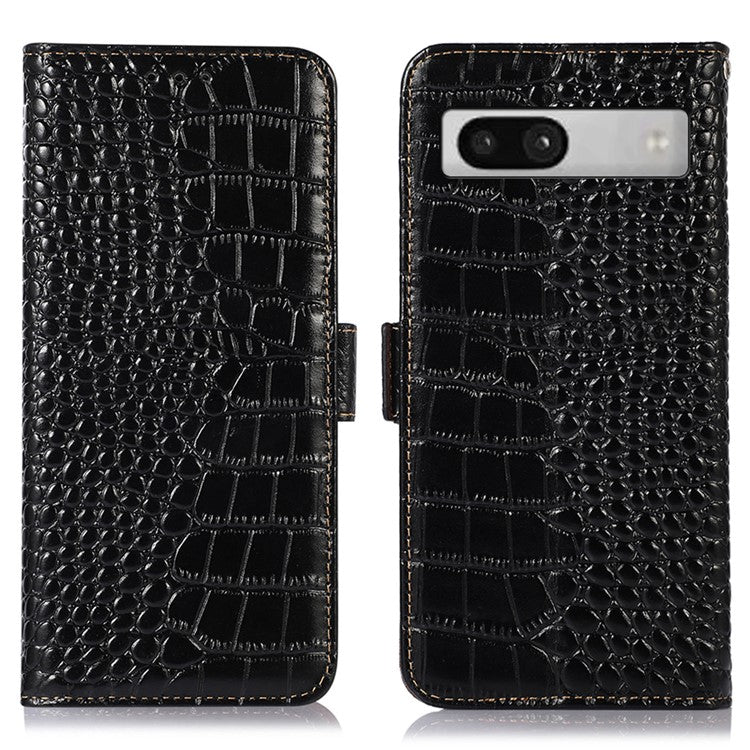 RFID Blocking Phone Stand Case for Google Pixel 7a , Genuine Cowhide Leather Smartphone Wallet Cover - Black