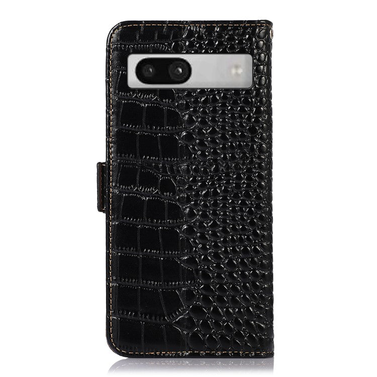 RFID Blocking Phone Stand Case for Google Pixel 7a , Genuine Cowhide Leather Smartphone Wallet Cover - Black