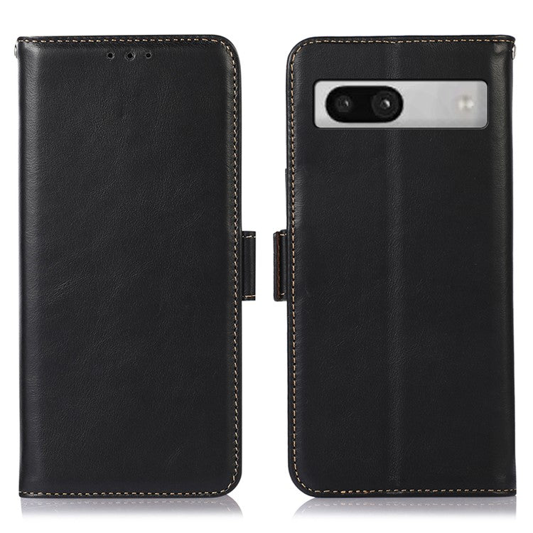 For Google Pixel 7a Phone Case RFID Blocking Genuine Cowhide Leather Phone Cover with Stand Wallet - Black